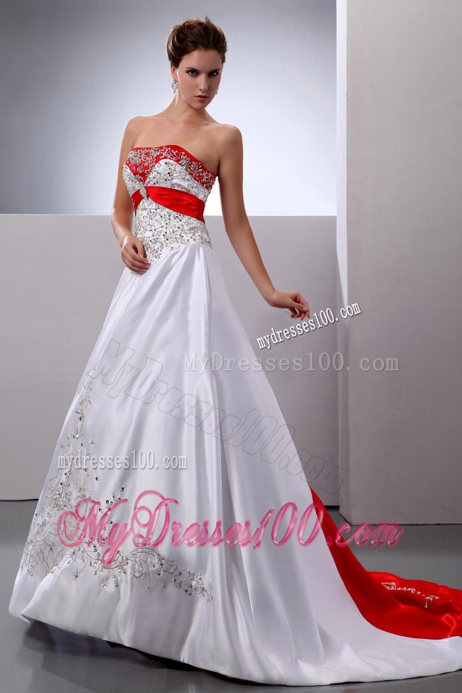 Beaded and Embroidered Court Train Bridal Gown in Red and White