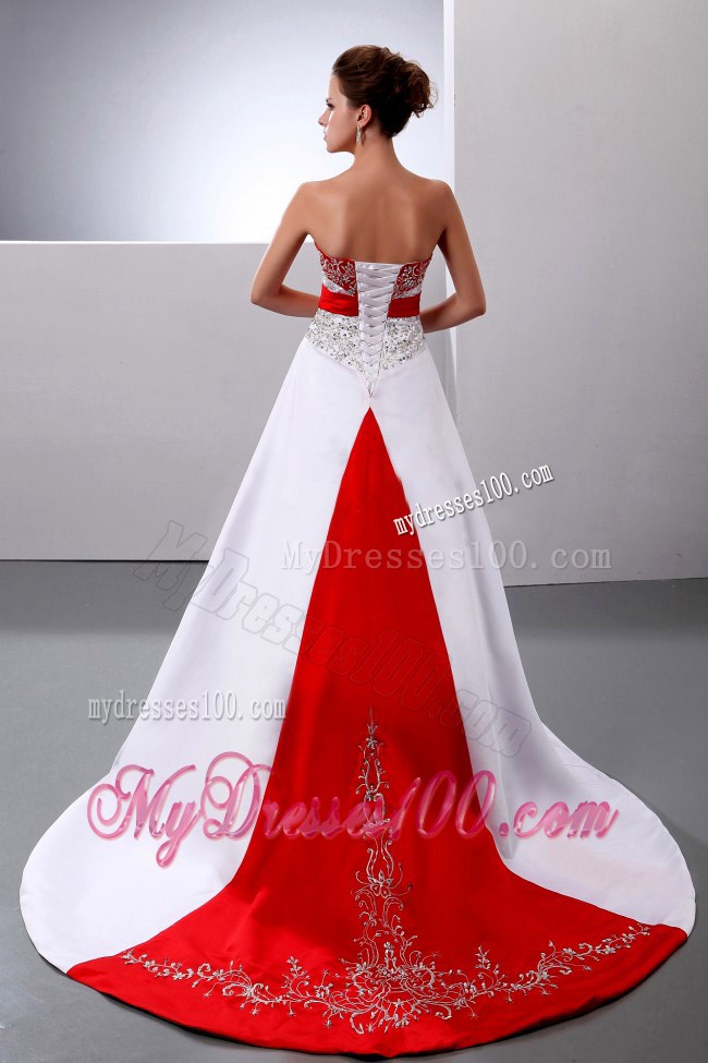 Beaded and Embroidered Court Train Bridal Gown in Red and White