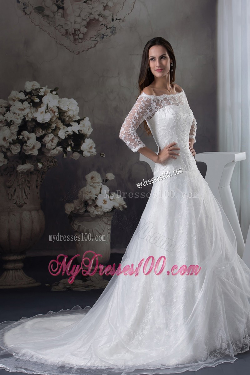 Off-the-shoulder 3 4-Length Sleeve Lace White Wedding Dress