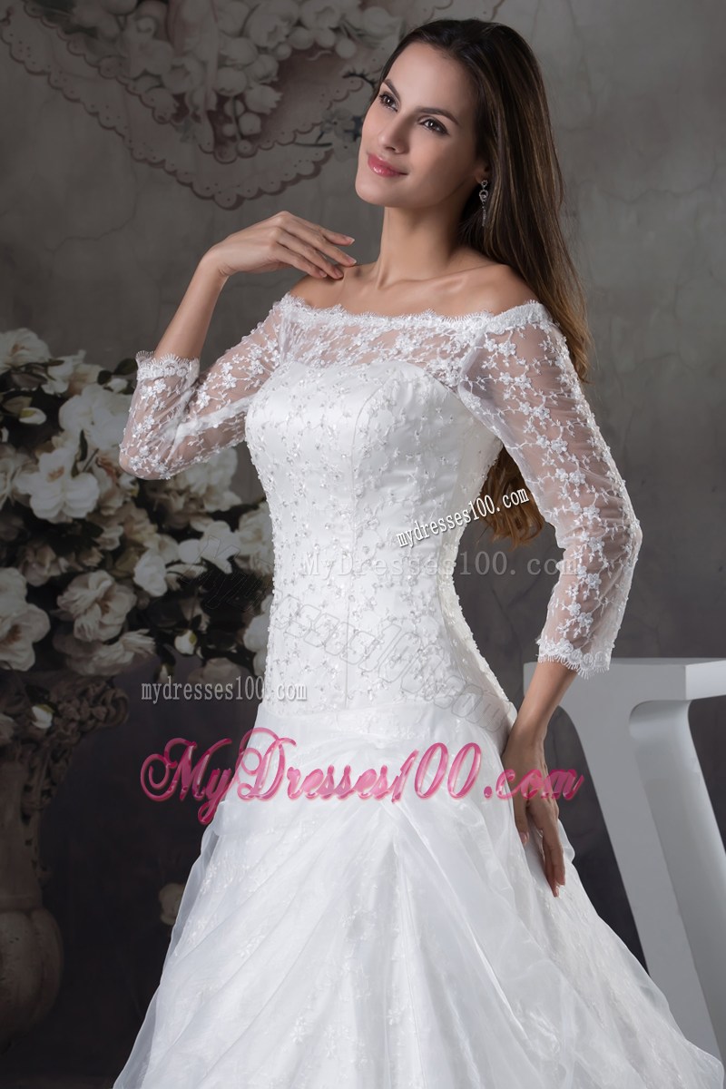 Off-the-shoulder 3 4-Length Sleeve Lace White Wedding Dress