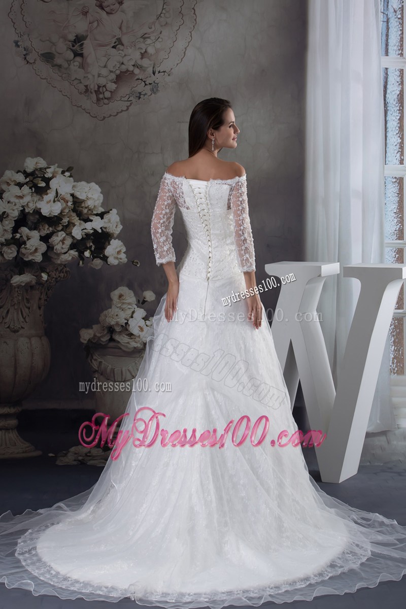 Off-the-shoulder 3 4-Length Sleeve Lace White Wedding Dress