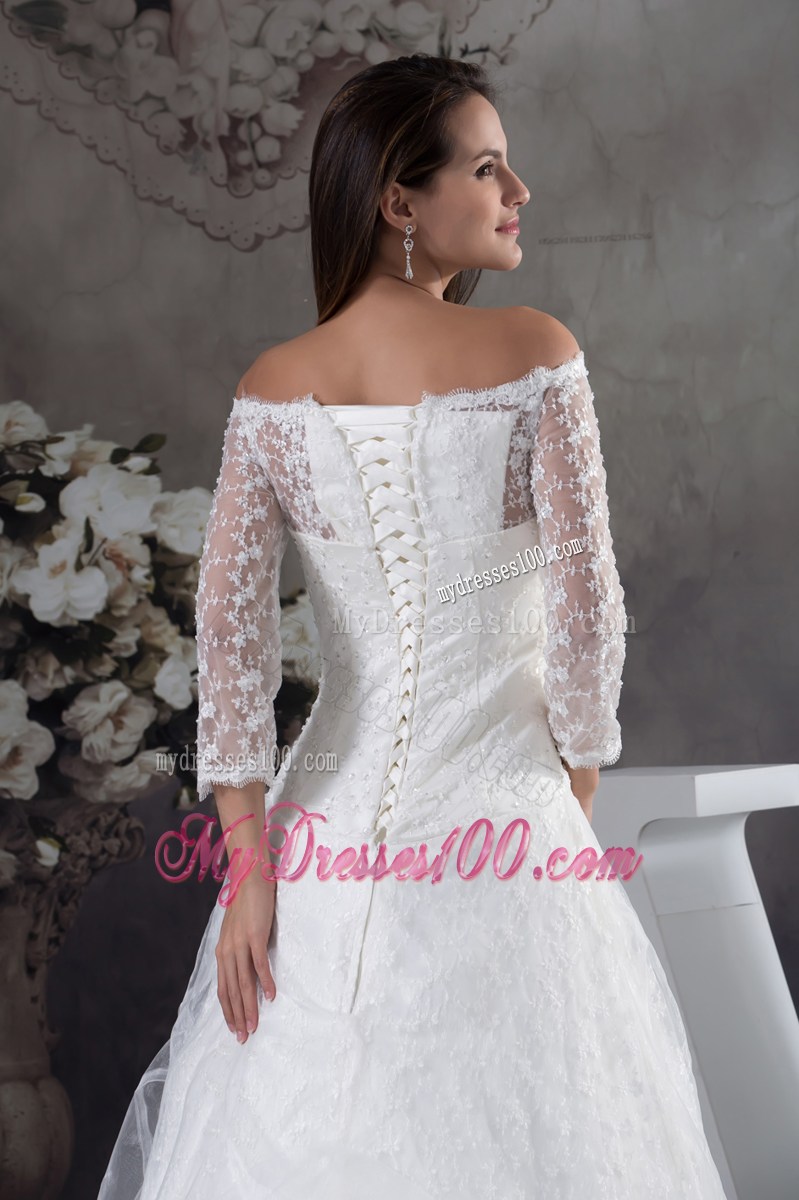 Off-the-shoulder 3 4-Length Sleeve Lace White Wedding Dress