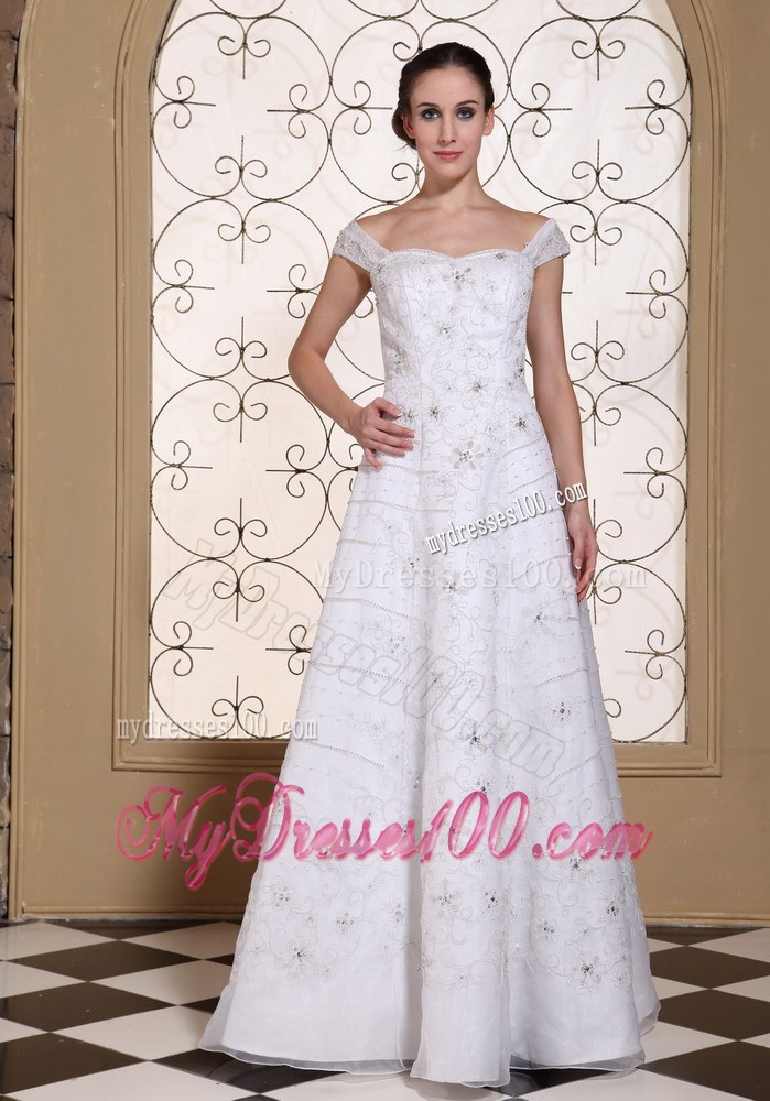 Beaded Embroidery Accent Empire Off Shoulder Long Wedding Dress