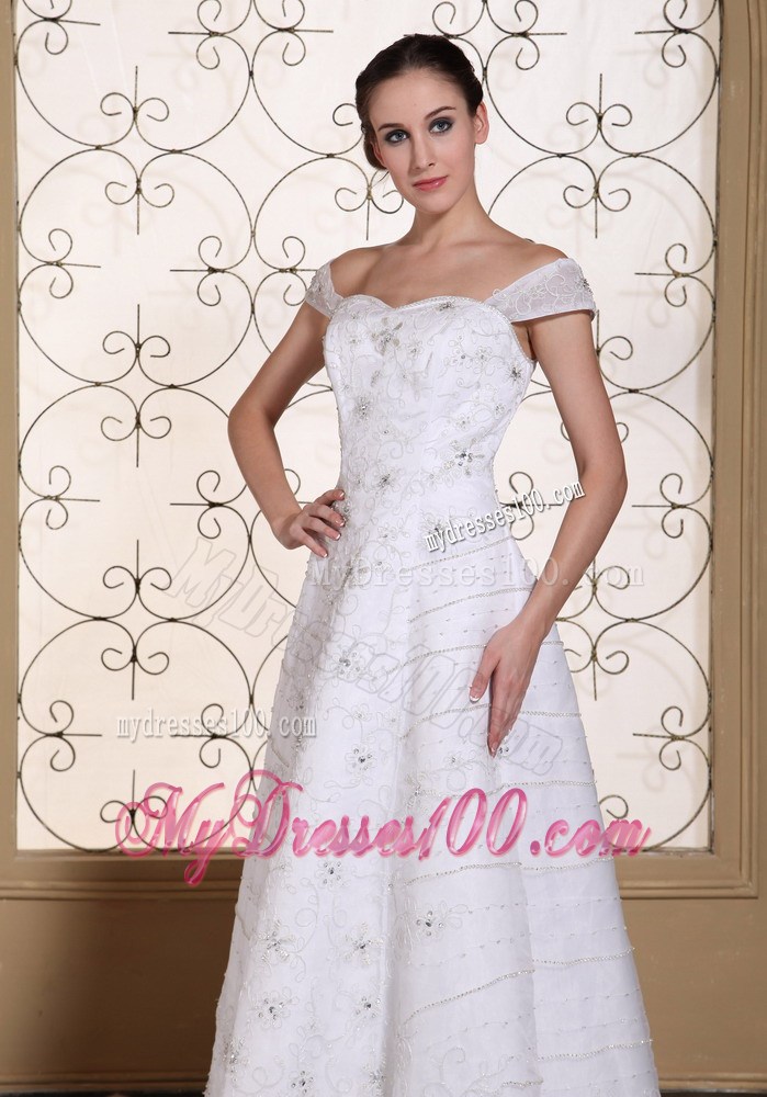 Beaded Embroidery Accent Empire Off Shoulder Long Wedding Dress