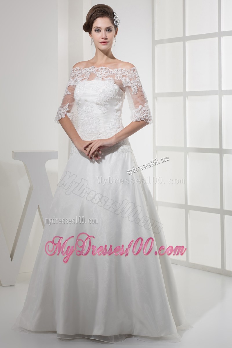 Floor-length Organza Wedding Gown Off-the-shoulder Half-Sleeves