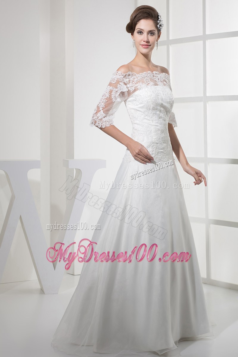 Floor-length Organza Wedding Gown Off-the-shoulder Half-Sleeves