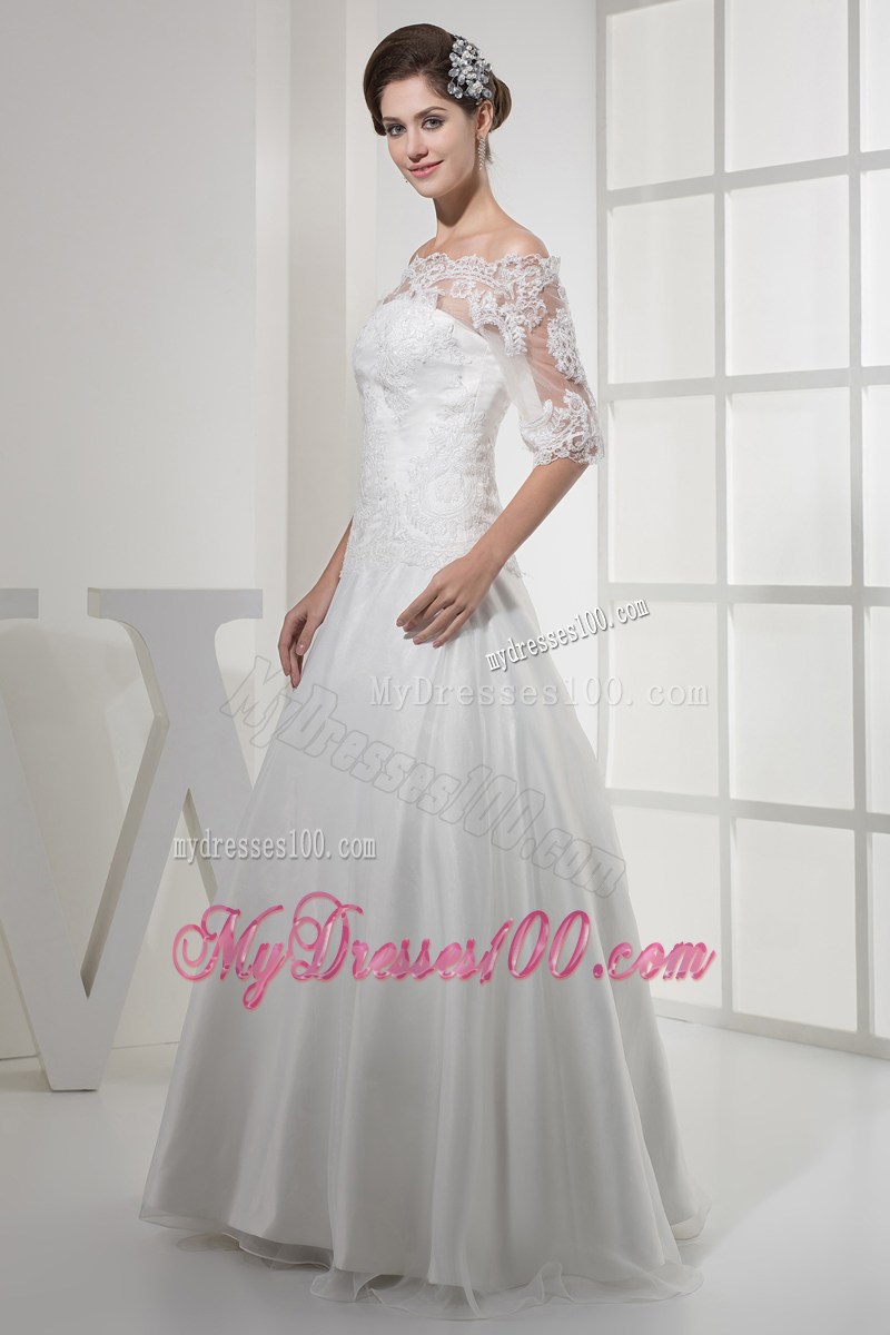 Floor-length Organza Wedding Gown Off-the-shoulder Half-Sleeves