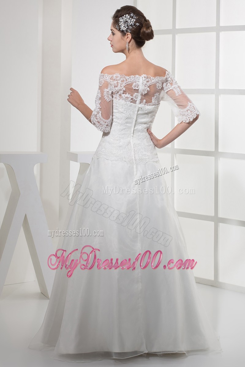 Floor-length Organza Wedding Gown Off-the-shoulder Half-Sleeves