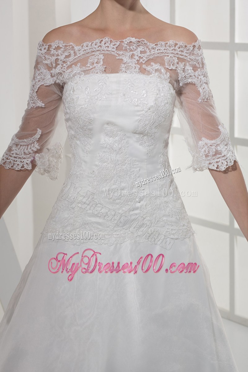 Floor-length Organza Wedding Gown Off-the-shoulder Half-Sleeves