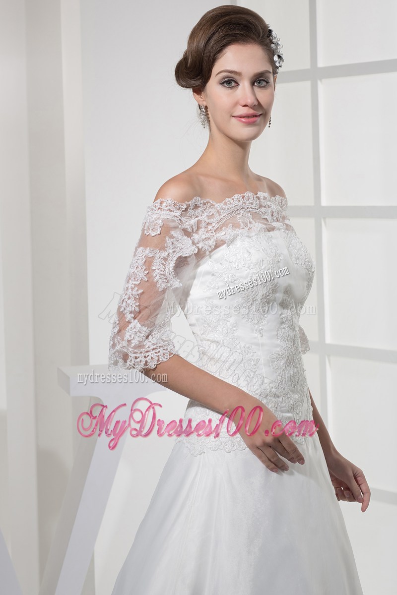 Floor-length Organza Wedding Gown Off-the-shoulder Half-Sleeves