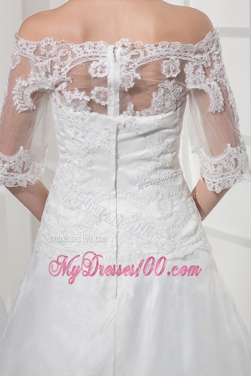 Floor-length Organza Wedding Gown Off-the-shoulder Half-Sleeves