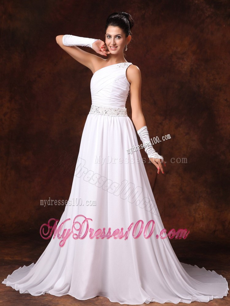 Beading Accent One Shoulder and Waist Ruched Brush Train Wedding Gown