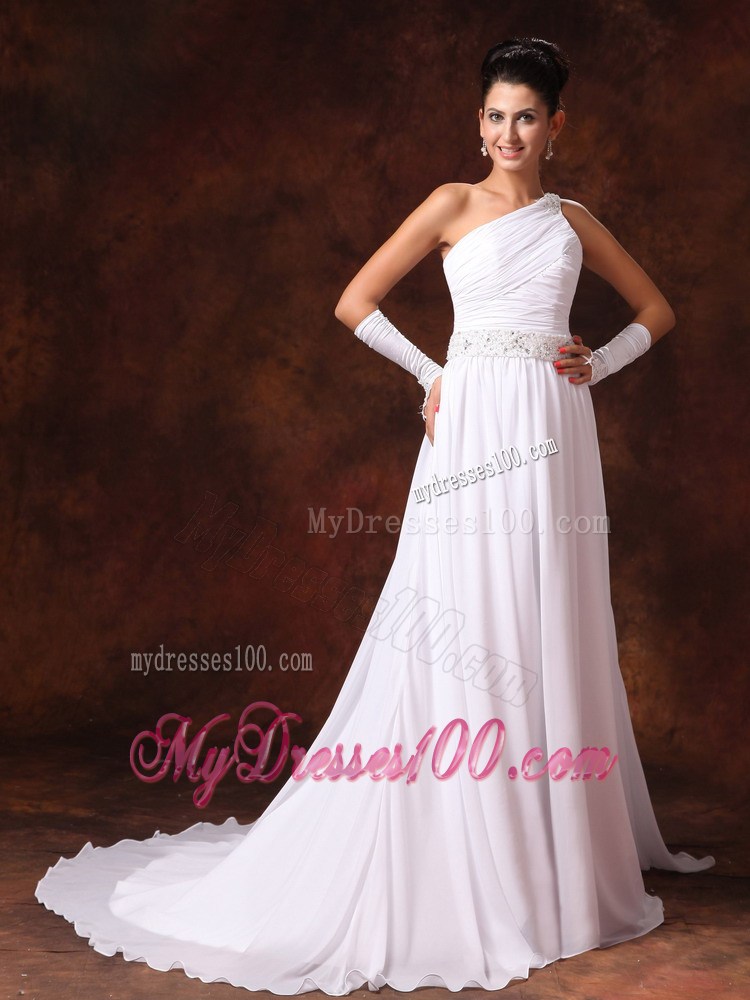 Beading Accent One Shoulder and Waist Ruched Brush Train Wedding Gown