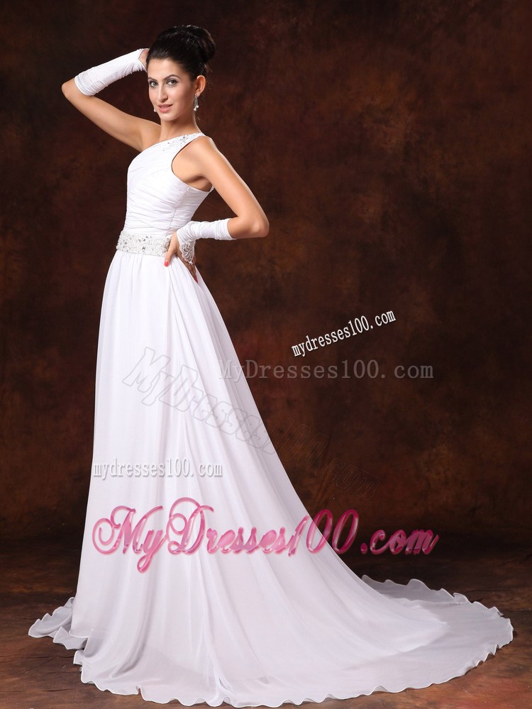 Beading Accent One Shoulder and Waist Ruched Brush Train Wedding Gown