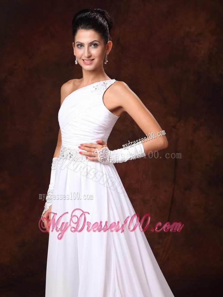 Beading Accent One Shoulder and Waist Ruched Brush Train Wedding Gown
