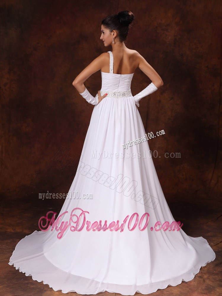 Beading Accent One Shoulder and Waist Ruched Brush Train Wedding Gown