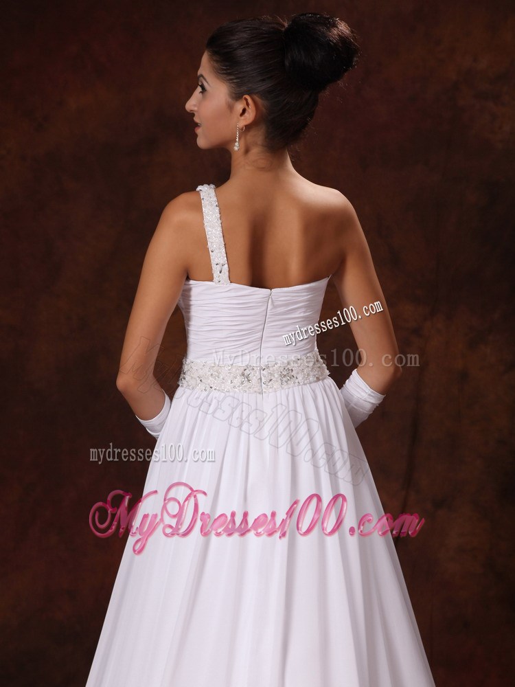 Beading Accent One Shoulder and Waist Ruched Brush Train Wedding Gown