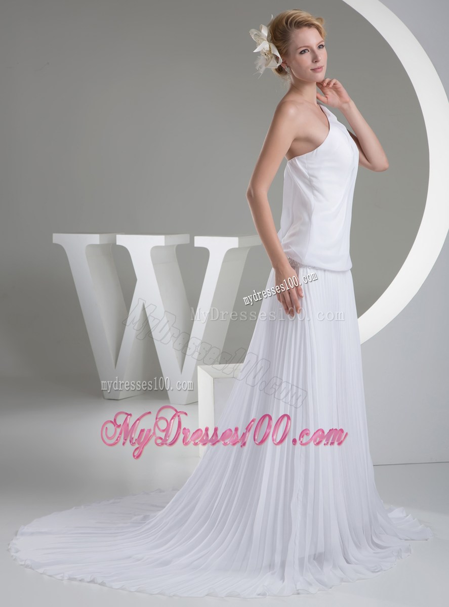 Hot on Sale One Shoulder Brush Train White Chiffon with Pleats