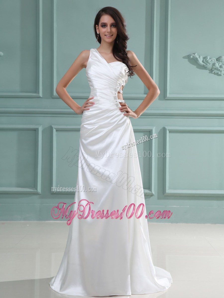 One Shoulder Ruching Brush Train Bridal Gowns with Hollow Out Waist