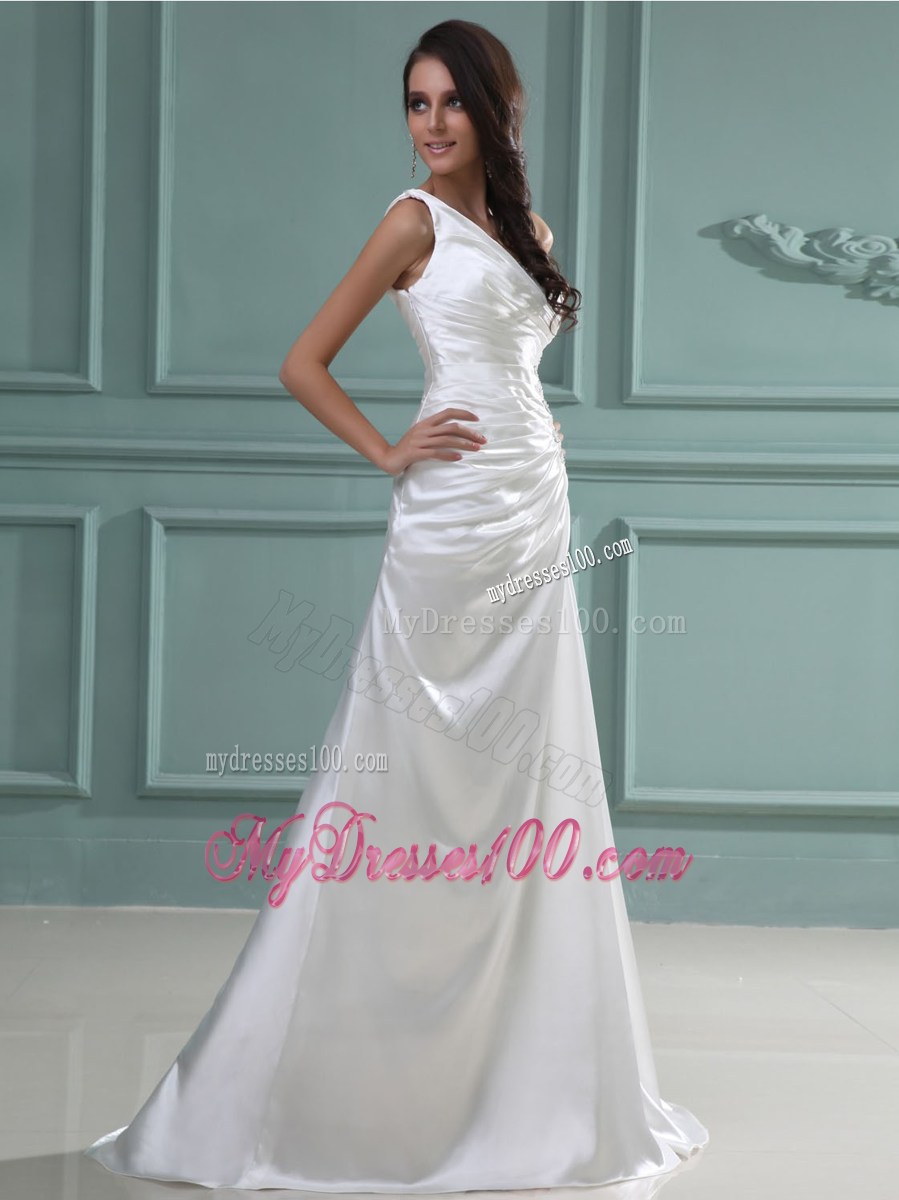 One Shoulder Ruching Brush Train Bridal Gowns with Hollow Out Waist