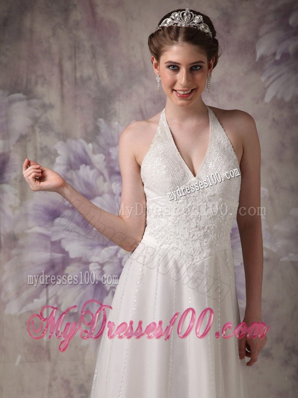 Affordable Halter Column Beading Lace and Tulle Sleeveless Bridal Gown