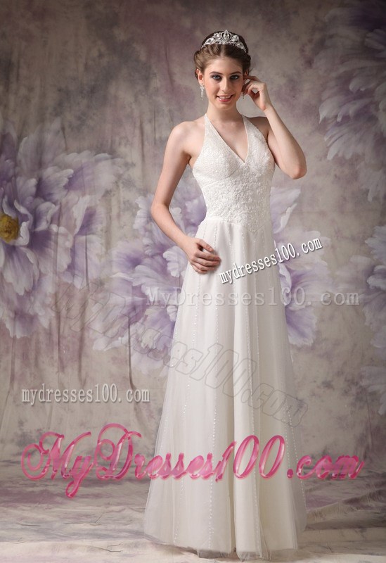 Affordable Halter Column Beading Lace and Tulle Sleeveless Bridal Gown