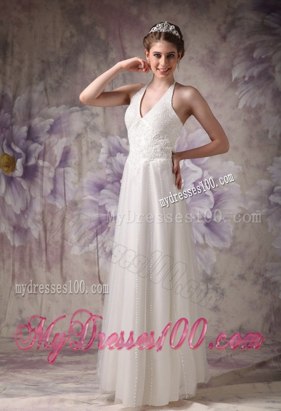Affordable Halter Column Beading Lace and Tulle Sleeveless Bridal Gown