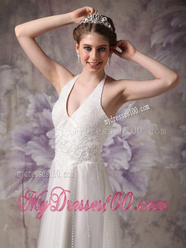 Affordable Halter Column Beading Lace and Tulle Sleeveless Bridal Gown