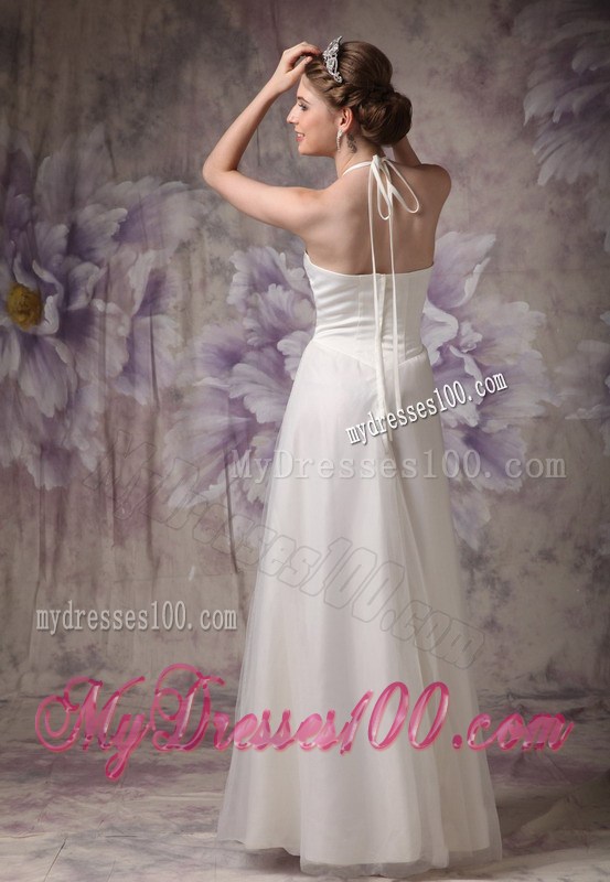 Affordable Halter Column Beading Lace and Tulle Sleeveless Bridal Gown