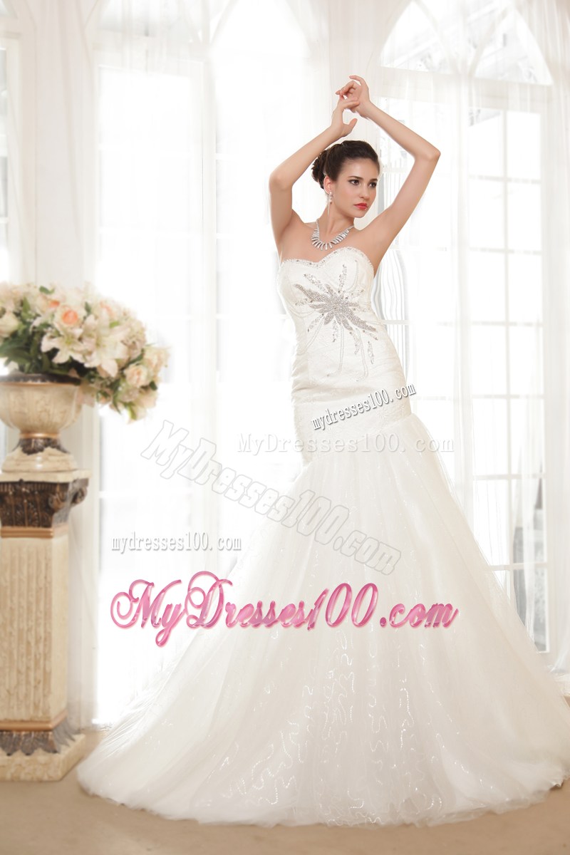 White Wedding Gown Sweetheart Strapless Beading Chapel Train Lace-up