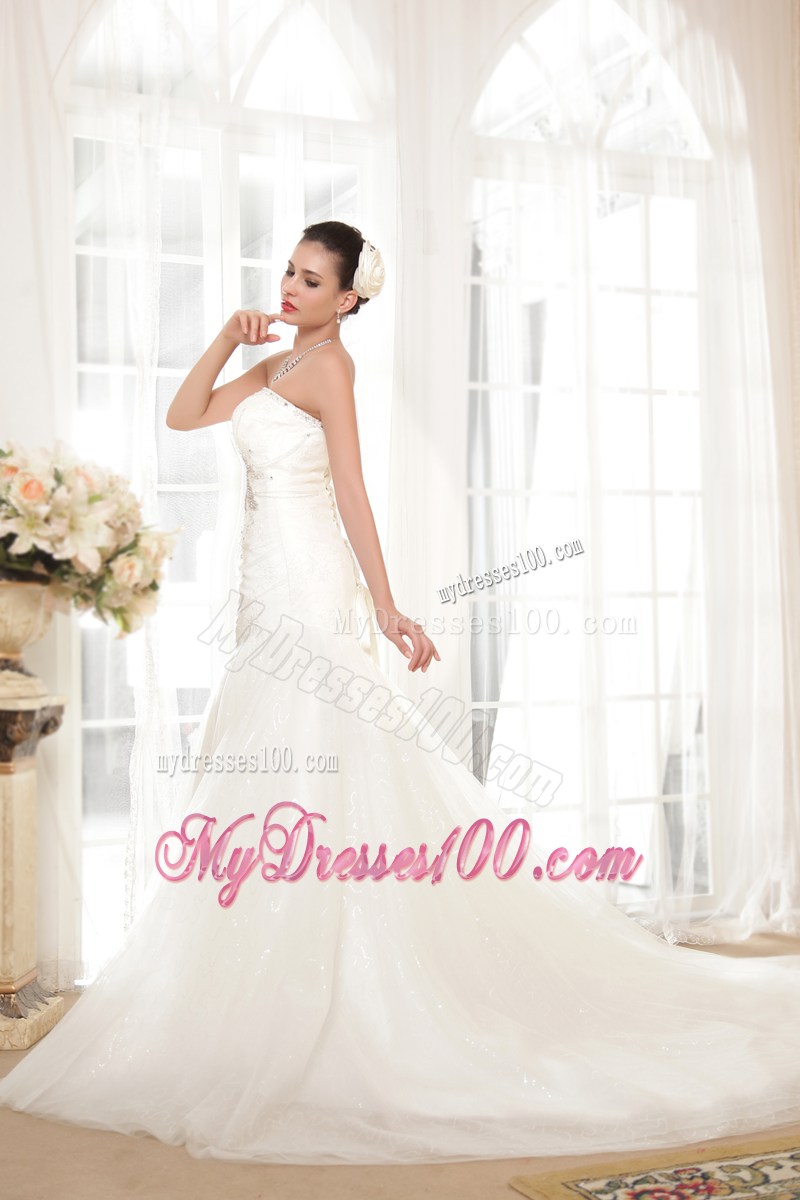 White Wedding Gown Sweetheart Strapless Beading Chapel Train Lace-up