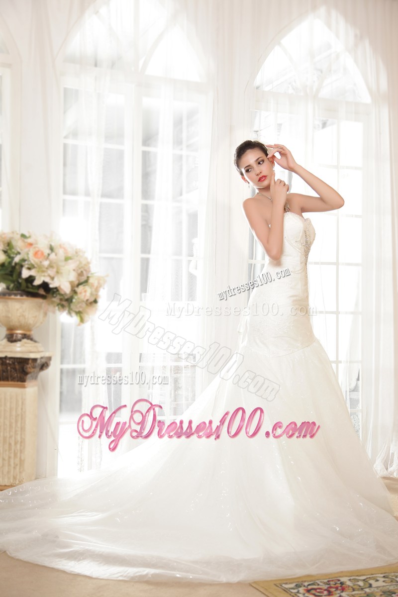 White Wedding Gown Sweetheart Strapless Beading Chapel Train Lace-up