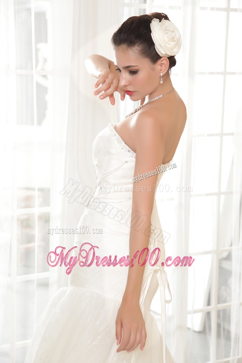 White Wedding Gown Sweetheart Strapless Beading Chapel Train Lace-up