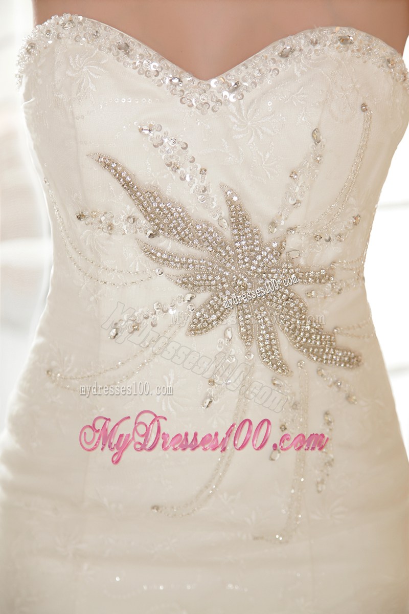 White Wedding Gown Sweetheart Strapless Beading Chapel Train Lace-up