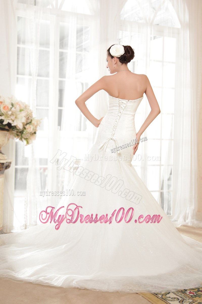 White Wedding Gown Sweetheart Strapless Beading Chapel Train Lace-up