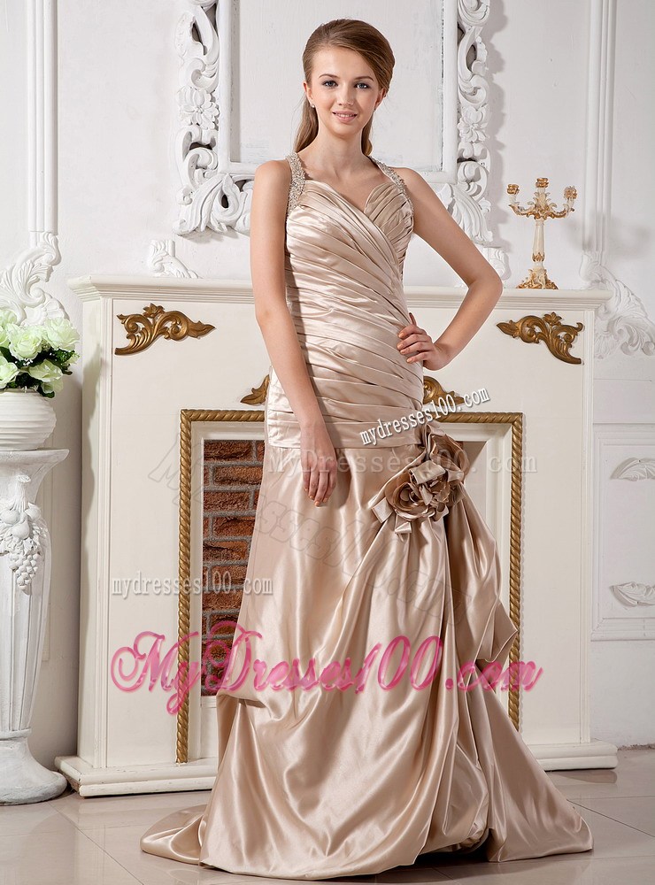 Champagne Beaded Haler Ruching Handle Flowers Sweep Train Bridal Dress