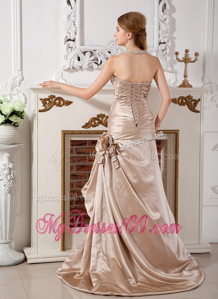 Champagne Beaded Haler Ruching Handle Flowers Sweep Train Bridal Dress