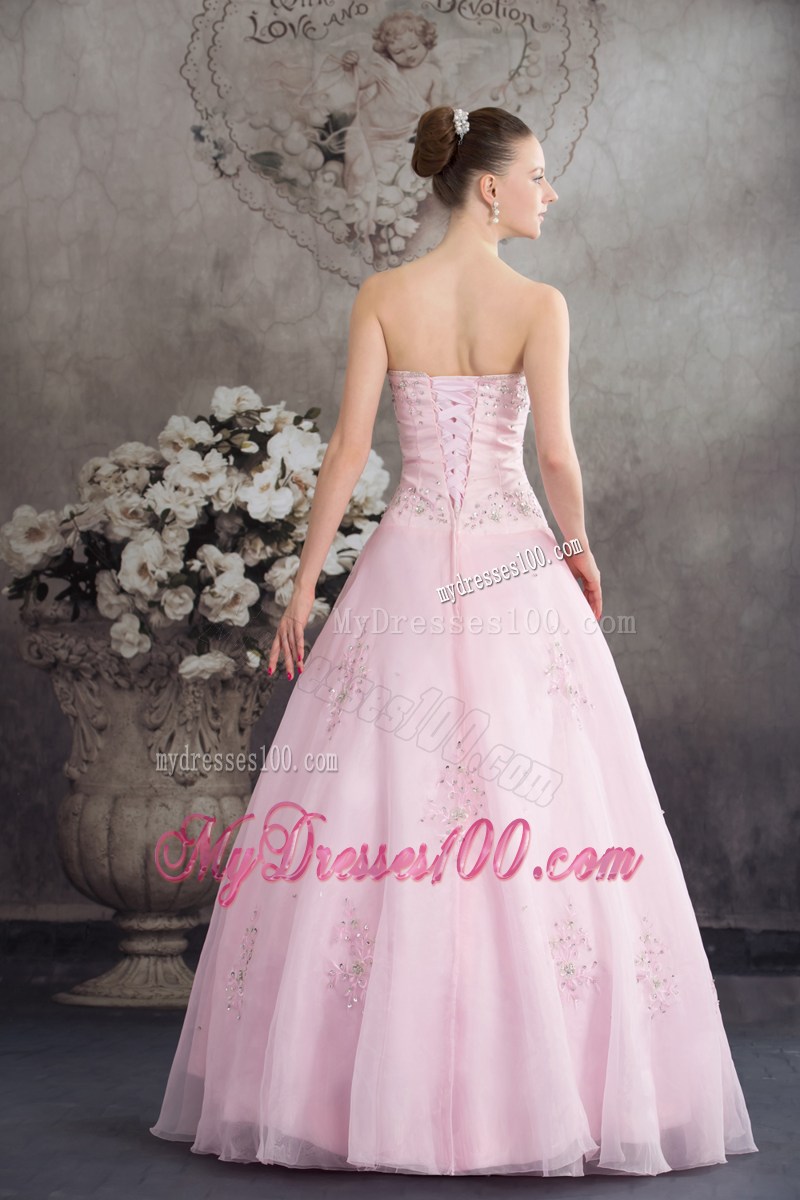 Pink Strapless Floor Length Wedding Dress with Ruche Beading