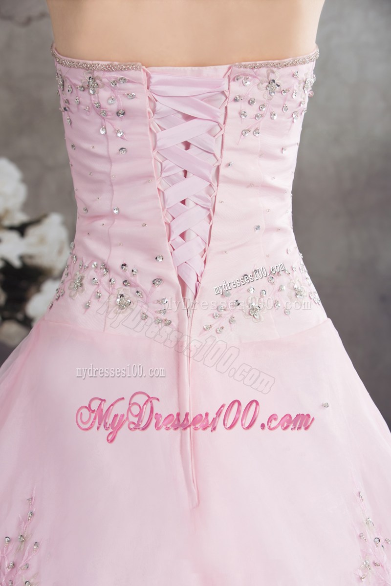 Pink Strapless Floor Length Wedding Dress with Ruche Beading