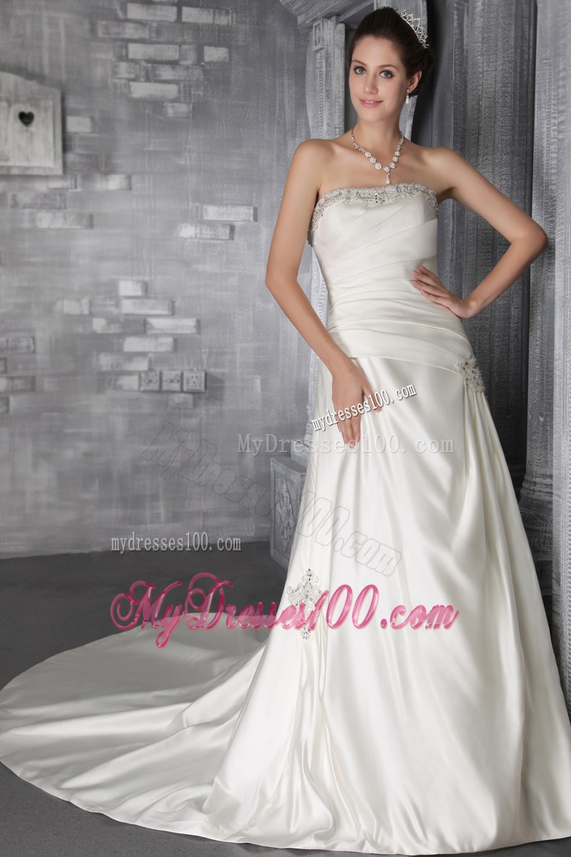 Beautiful Strapless Beaded A-line Court Train White Wedding Gown