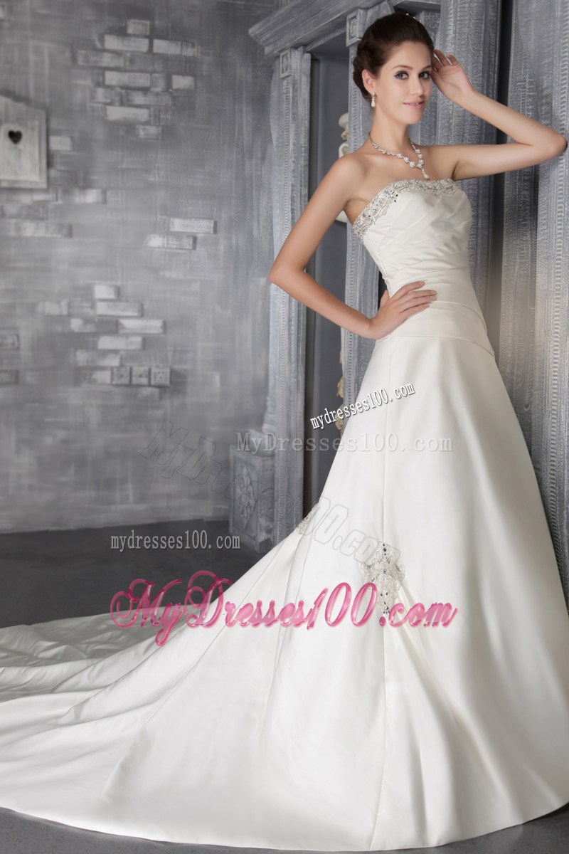 Beautiful Strapless Beaded A-line Court Train White Wedding Gown