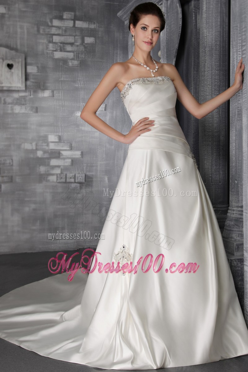 Beautiful Strapless Beaded A-line Court Train White Wedding Gown