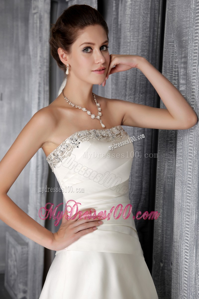 Beautiful Strapless Beaded A-line Court Train White Wedding Gown