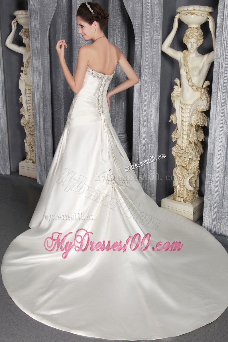 Beautiful Strapless Beaded A-line Court Train White Wedding Gown