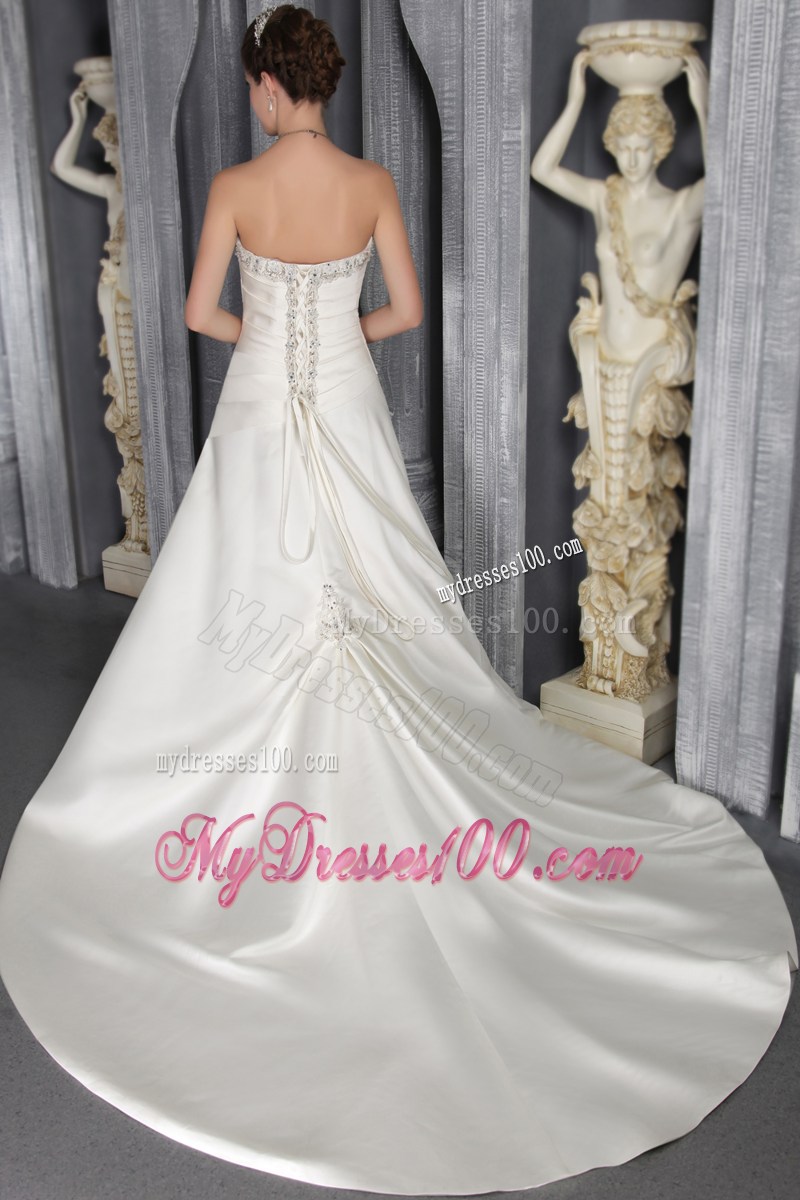 Beautiful Strapless Beaded A-line Court Train White Wedding Gown