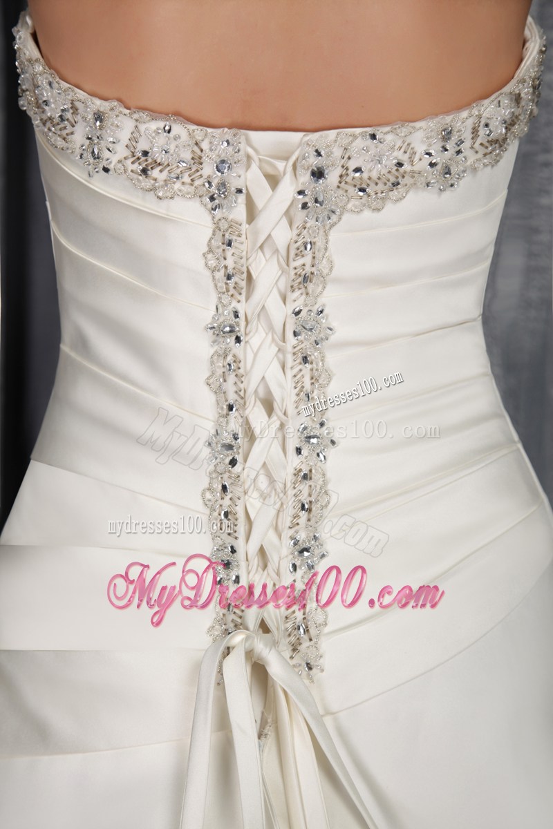 Beautiful Strapless Beaded A-line Court Train White Wedding Gown