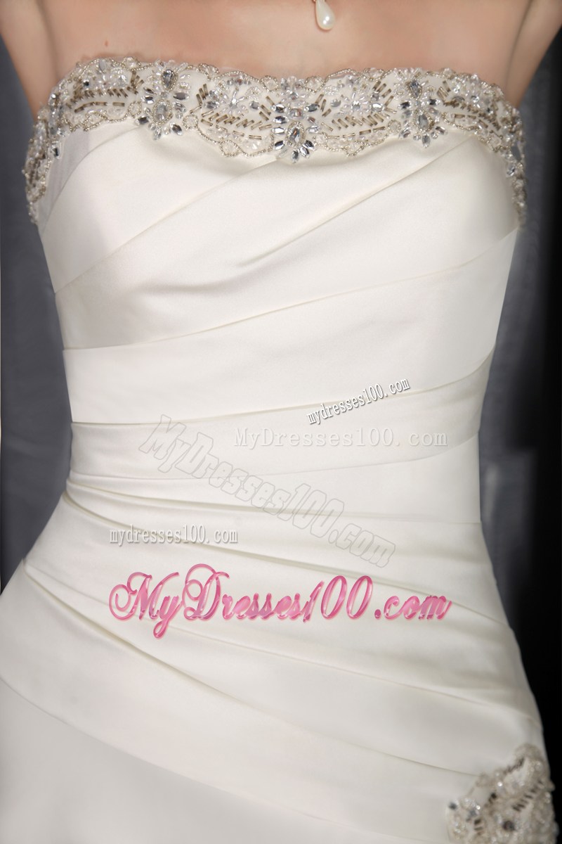 Beautiful Strapless Beaded A-line Court Train White Wedding Gown