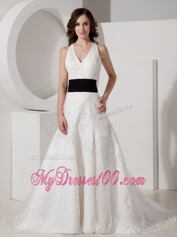 V-neck Appliques Back Out Bridal Dresses in White with Black Ruching Ribbon