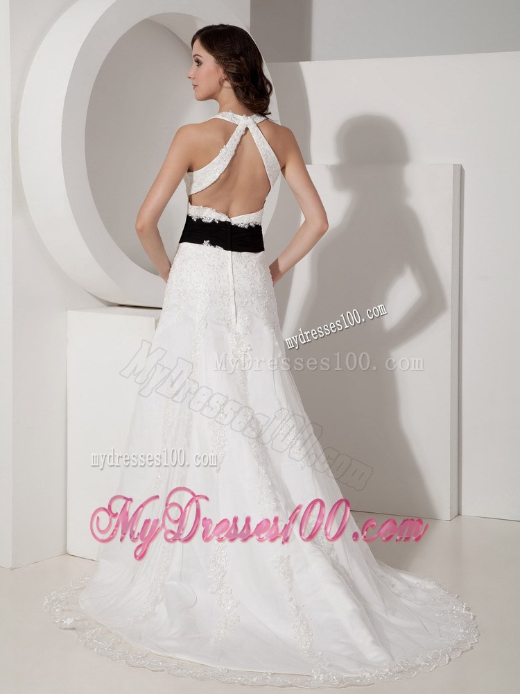 V-neck Appliques Back Out Bridal Dresses in White with Black Ruching Ribbon