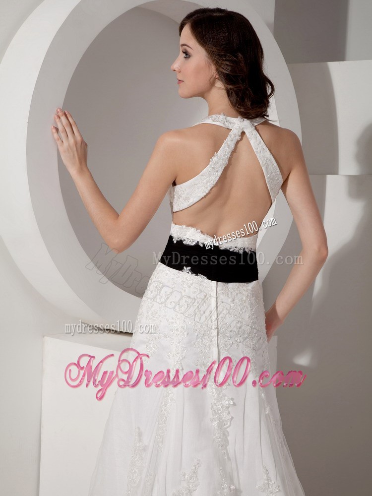 V-neck Appliques Back Out Bridal Dresses in White with Black Ruching Ribbon